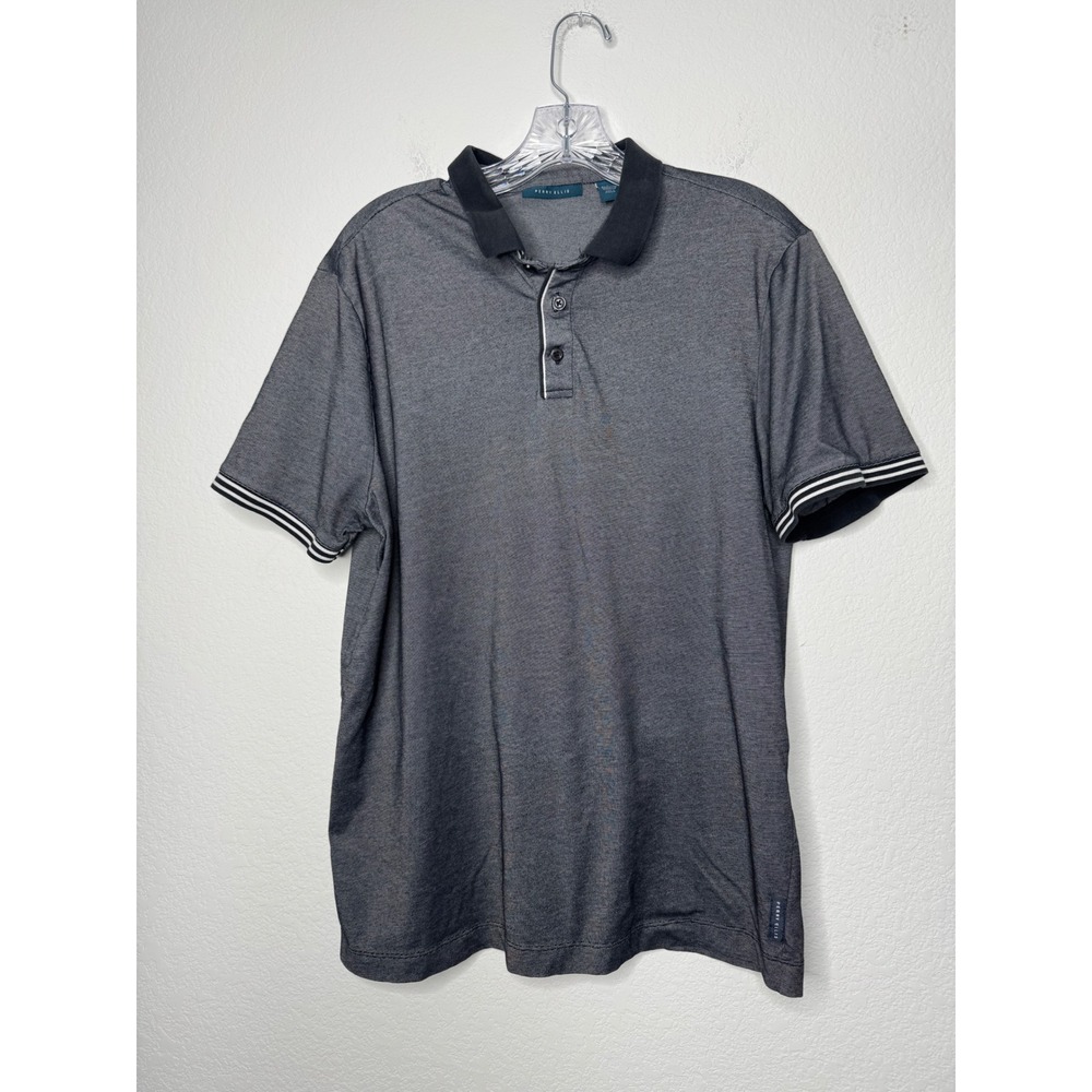 Perry Ellis Mens Large Gray Micro Stripe Short Sleeve Polo Shirt Black Collar